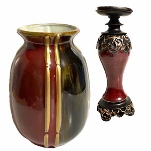 Vintage Red, Black and Gold Stoneware Pottery Vase 10x7”.